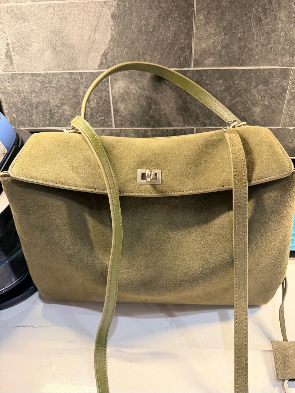 Suede Top-Handle Satchel in Olive Green